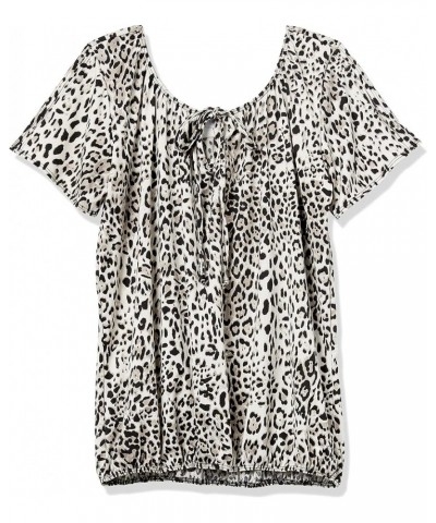 Women's Plus Size Short Slit Sleeve Keyhole-tie Peasant Top Grey Cheetah $13.81 Blouses