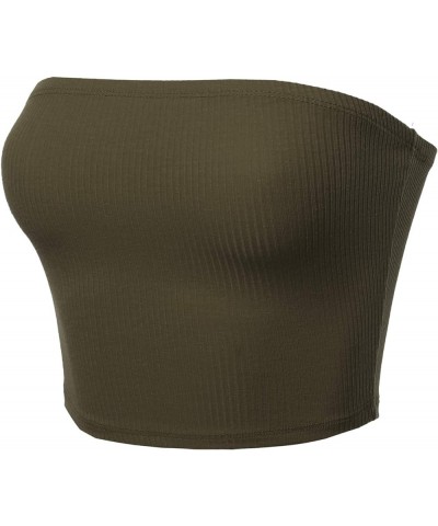 Women's Fitted Solid Cotton Based Strapless Double Layered Crop Tube Top Fewtkv0056 Olive $13.91 Tanks