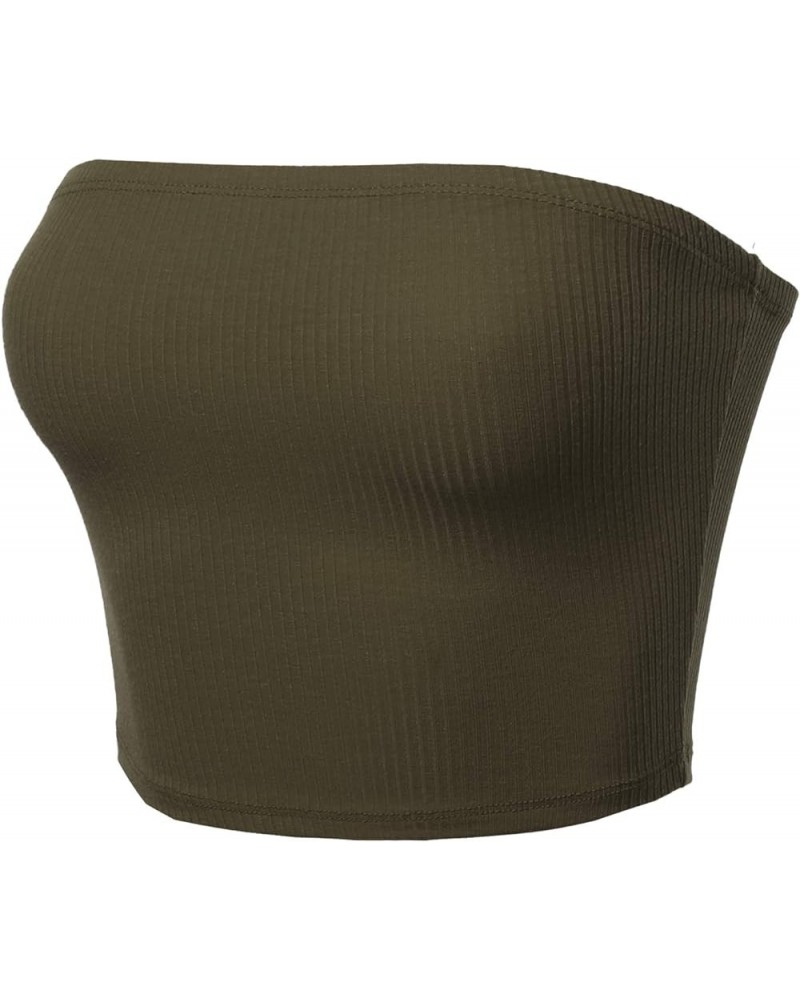 Women's Fitted Solid Cotton Based Strapless Double Layered Crop Tube Top Fewtkv0056 Olive $13.91 Tanks