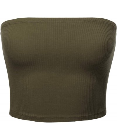 Women's Fitted Solid Cotton Based Strapless Double Layered Crop Tube Top Fewtkv0056 Olive $13.91 Tanks