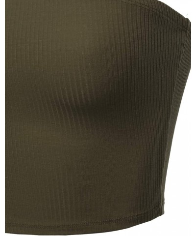 Women's Fitted Solid Cotton Based Strapless Double Layered Crop Tube Top Fewtkv0056 Olive $13.91 Tanks