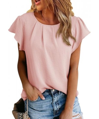 Women's Summer Tops Casual Round Neck Pleated Ruffle Short Sleeve Keyhole Back Chiffon Blouses Shirts B Pink $10.08 Blouses