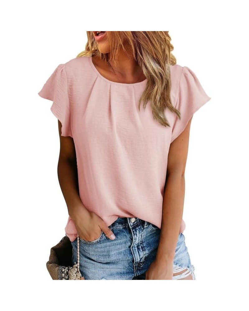 Women's Summer Tops Casual Round Neck Pleated Ruffle Short Sleeve Keyhole Back Chiffon Blouses Shirts B Pink $10.08 Blouses