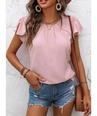 Women's Summer Tops Casual Round Neck Pleated Ruffle Short Sleeve Keyhole Back Chiffon Blouses Shirts B Pink $10.08 Blouses