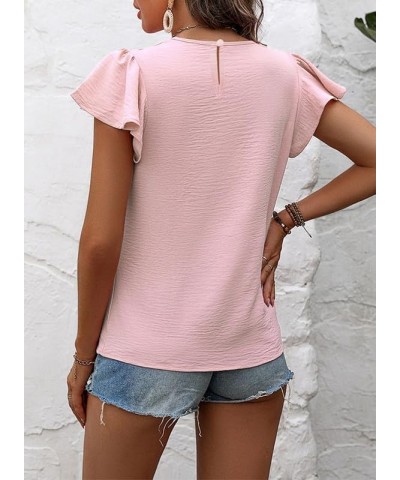 Women's Summer Tops Casual Round Neck Pleated Ruffle Short Sleeve Keyhole Back Chiffon Blouses Shirts B Pink $10.08 Blouses