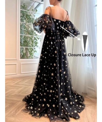 Women's Sparkly Starry Tulle Prom Dresses Puffy Sleeve Long Glitter Star Tea Length Formal Evening Party Gown Puffy Sleeve-iv...