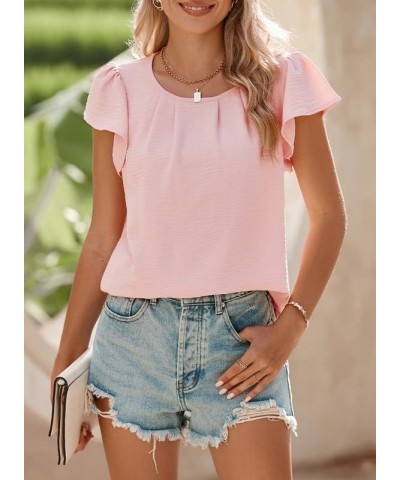 Women's Summer Tops Casual Round Neck Pleated Ruffle Short Sleeve Keyhole Back Chiffon Blouses Shirts B Pink $10.08 Blouses