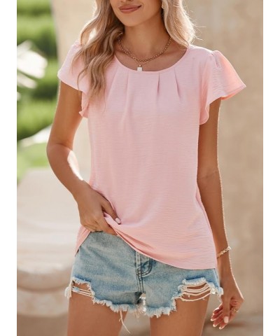 Women's Summer Tops Casual Round Neck Pleated Ruffle Short Sleeve Keyhole Back Chiffon Blouses Shirts B Pink $10.08 Blouses