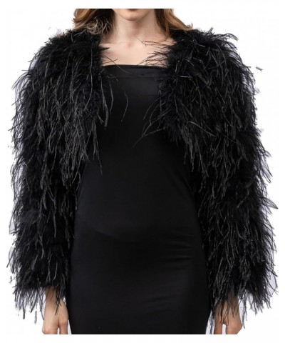 Women Ostrich Feather Cropped Jacket Bolero Top with Long Sleeve for Party Furry Luxurious Black $63.46 Coats