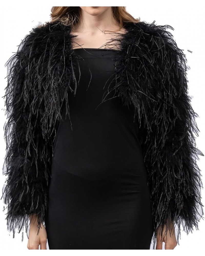 Women Ostrich Feather Cropped Jacket Bolero Top with Long Sleeve for Party Furry Luxurious Black $63.46 Coats