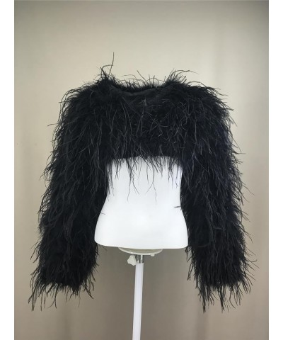 Women Ostrich Feather Cropped Jacket Bolero Top with Long Sleeve for Party Furry Luxurious Black $63.46 Coats