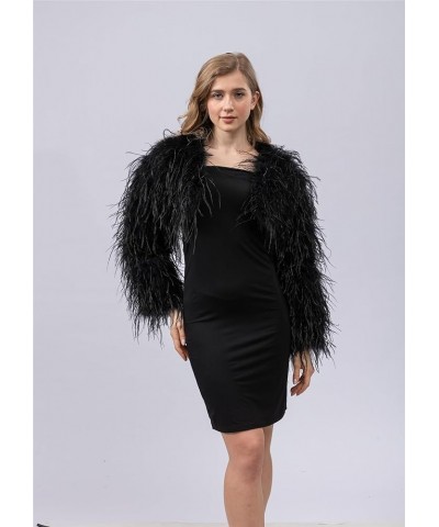 Women Ostrich Feather Cropped Jacket Bolero Top with Long Sleeve for Party Furry Luxurious Black $63.46 Coats