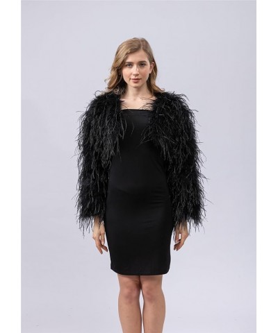 Women Ostrich Feather Cropped Jacket Bolero Top with Long Sleeve for Party Furry Luxurious Black $63.46 Coats