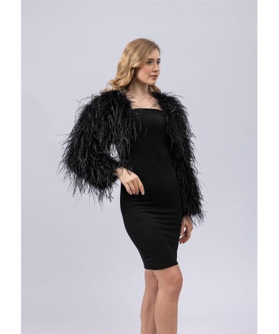 Women Ostrich Feather Cropped Jacket Bolero Top with Long Sleeve for Party Furry Luxurious Black $63.46 Coats