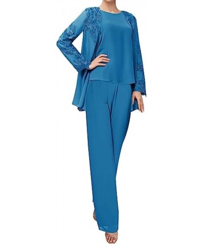 3 Piece Women Pants Sets Chiffon Mother of The Bride Pantsuits for Wedding Party Work Office Blue $37.79 Suits