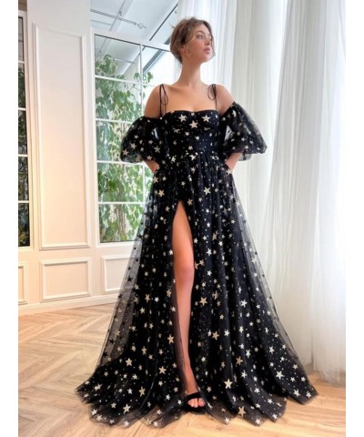 Women's Sparkly Starry Tulle Prom Dresses Puffy Sleeve Long Glitter Star Tea Length Formal Evening Party Gown Puffy Sleeve-iv...