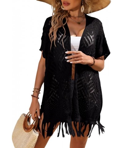 Women‘s Crochet Lightweight Cardigan Boho Knitted Kimono Summer Cardigan Cover Up Black $13.99 Swimsuits