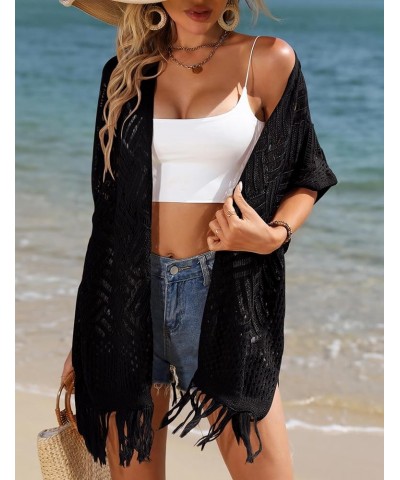 Women‘s Crochet Lightweight Cardigan Boho Knitted Kimono Summer Cardigan Cover Up Black $13.99 Swimsuits