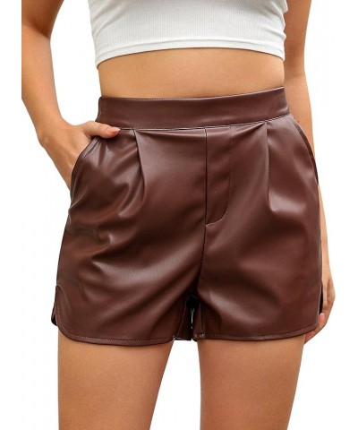 Faux Leather Shorts for Women High Wasited Pull On Pleated Side Slit Pleather Shorts with Elastic Waist Pockets Chocolate Bro...