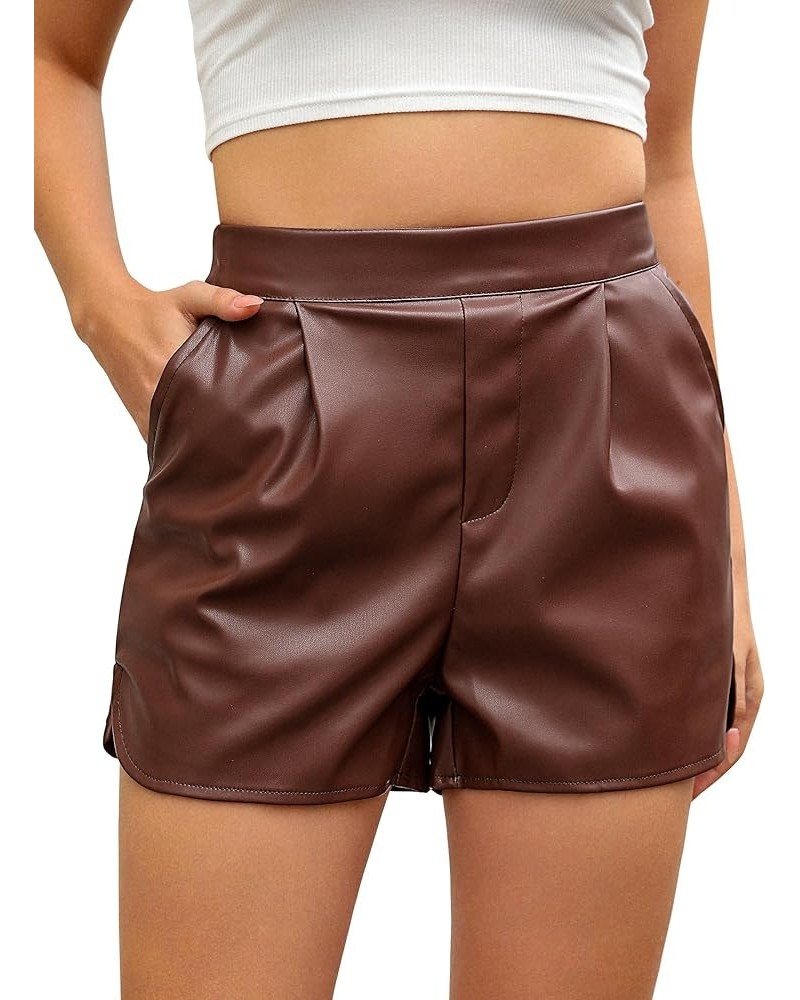 Faux Leather Shorts for Women High Wasited Pull On Pleated Side Slit Pleather Shorts with Elastic Waist Pockets Chocolate Bro...