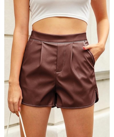 Faux Leather Shorts for Women High Wasited Pull On Pleated Side Slit Pleather Shorts with Elastic Waist Pockets Chocolate Bro...