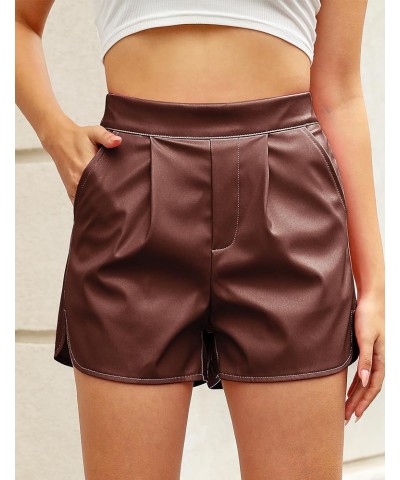 Faux Leather Shorts for Women High Wasited Pull On Pleated Side Slit Pleather Shorts with Elastic Waist Pockets Chocolate Bro...