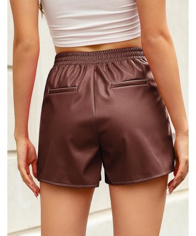 Faux Leather Shorts for Women High Wasited Pull On Pleated Side Slit Pleather Shorts with Elastic Waist Pockets Chocolate Bro...