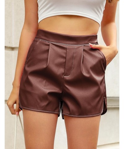 Faux Leather Shorts for Women High Wasited Pull On Pleated Side Slit Pleather Shorts with Elastic Waist Pockets Chocolate Bro...