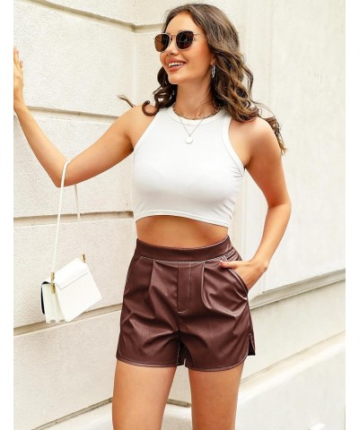 Faux Leather Shorts for Women High Wasited Pull On Pleated Side Slit Pleather Shorts with Elastic Waist Pockets Chocolate Bro...