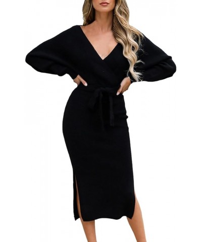 Women's Elegant V Neck Long Batwing Sleeve Wrap Slit Cocktail Party Bodycon Knit Midi Dress with Belted Black $23.39 Dresses