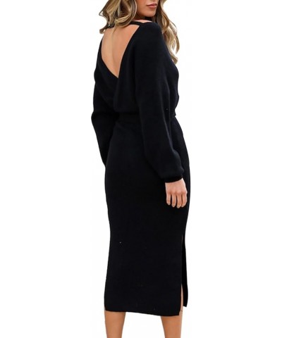 Women's Elegant V Neck Long Batwing Sleeve Wrap Slit Cocktail Party Bodycon Knit Midi Dress with Belted Black $23.39 Dresses