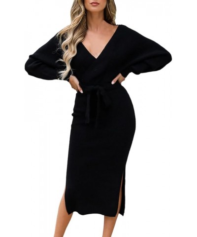 Women's Elegant V Neck Long Batwing Sleeve Wrap Slit Cocktail Party Bodycon Knit Midi Dress with Belted Black $23.39 Dresses