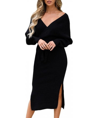 Women's Elegant V Neck Long Batwing Sleeve Wrap Slit Cocktail Party Bodycon Knit Midi Dress with Belted Black $23.39 Dresses