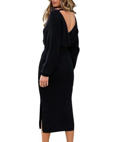 Women's Elegant V Neck Long Batwing Sleeve Wrap Slit Cocktail Party Bodycon Knit Midi Dress with Belted Black $23.39 Dresses