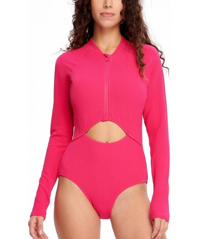 Women's One Piece Swimsuits Cutout High Cut Bathing Suit Long Sleeve Swimwear Rash Guard for Women Pink $13.62 Swimsuits