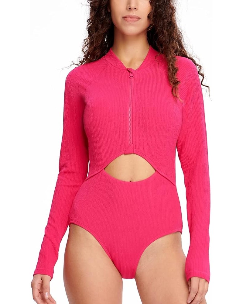 Women's One Piece Swimsuits Cutout High Cut Bathing Suit Long Sleeve Swimwear Rash Guard for Women Pink $13.62 Swimsuits