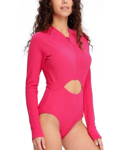 Women's One Piece Swimsuits Cutout High Cut Bathing Suit Long Sleeve Swimwear Rash Guard for Women Pink $13.62 Swimsuits