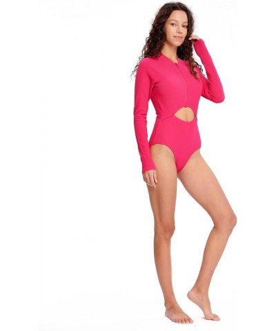 Women's One Piece Swimsuits Cutout High Cut Bathing Suit Long Sleeve Swimwear Rash Guard for Women Pink $13.62 Swimsuits