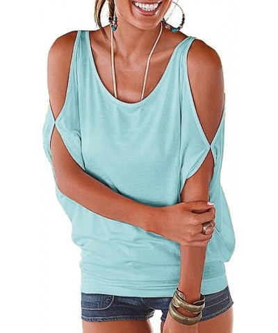 Women Cold Shoulder O-Neck Short Sleeve Loose Fit Summer Shirt Blouse Tops Light Green $12.32 Blouses