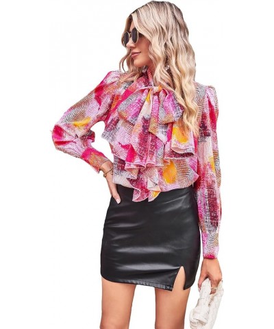 Women's Elegant Print Long Sleeve Tie Neck Work Business Blouse Shirt Tops Pink Multi $15.48 Blouses