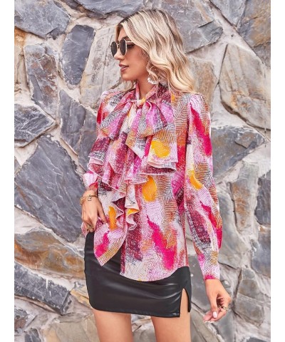 Women's Elegant Print Long Sleeve Tie Neck Work Business Blouse Shirt Tops Pink Multi $15.48 Blouses