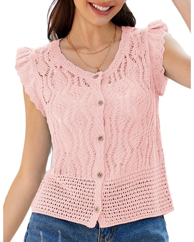 Crochet Cropped Cardigan Sweater Vest Ruffle Sleeve Lace Button Up Lightweight Bolero Shrugs for Dress Top 2024 Pink $11.60 S...