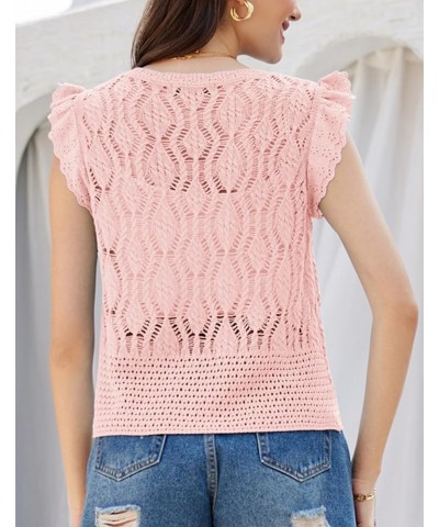 Crochet Cropped Cardigan Sweater Vest Ruffle Sleeve Lace Button Up Lightweight Bolero Shrugs for Dress Top 2024 Pink $11.60 S...