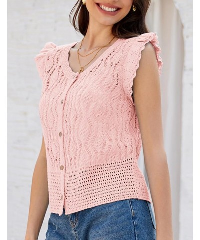 Crochet Cropped Cardigan Sweater Vest Ruffle Sleeve Lace Button Up Lightweight Bolero Shrugs for Dress Top 2024 Pink $11.60 S...