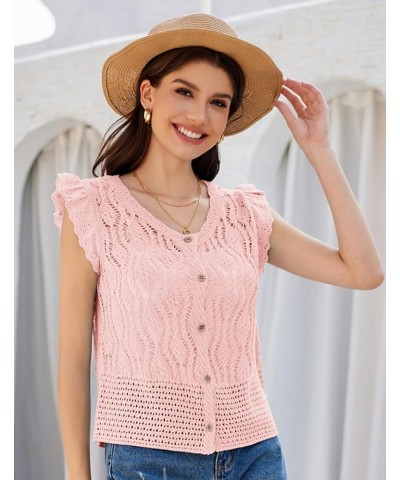 Crochet Cropped Cardigan Sweater Vest Ruffle Sleeve Lace Button Up Lightweight Bolero Shrugs for Dress Top 2024 Pink $11.60 S...