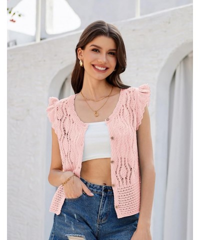 Crochet Cropped Cardigan Sweater Vest Ruffle Sleeve Lace Button Up Lightweight Bolero Shrugs for Dress Top 2024 Pink $11.60 S...