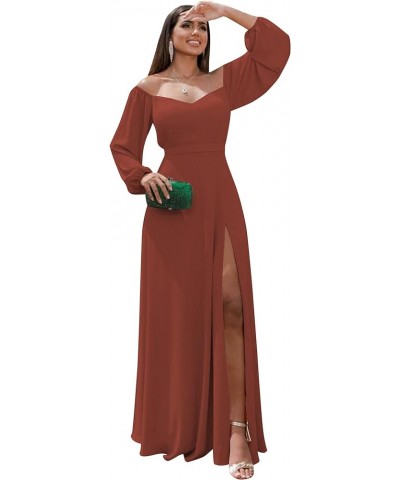 Long Sleeve Bridesmaid Dress for Women 2024 Off The Shoulder Chiffon Formal Party Evening Prom Dress with Slit Rust $24.20 Dr...