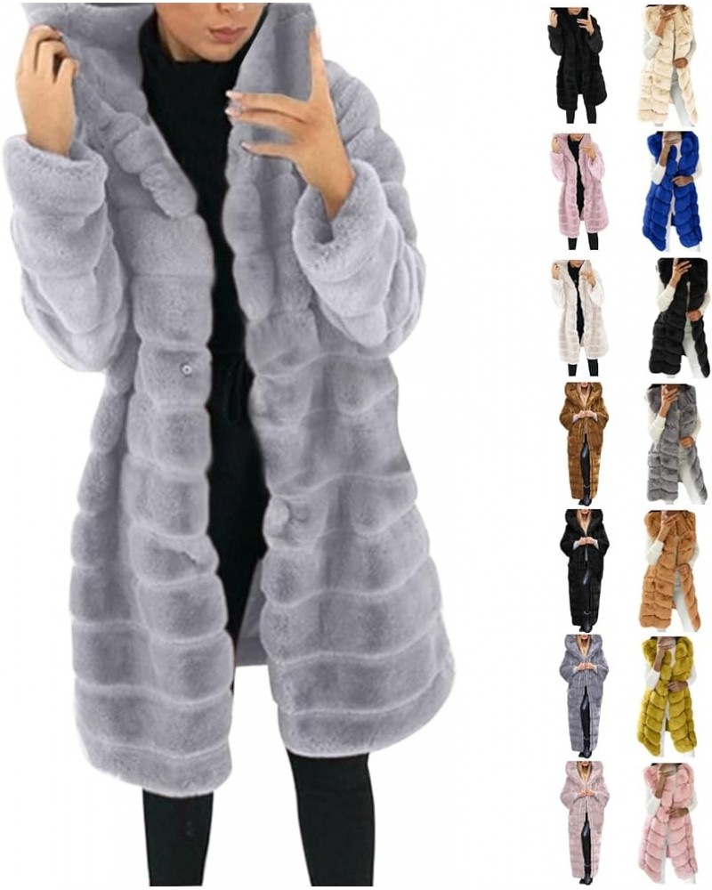 Womens Long Faux Fur Mink Coat Hooded Parka Overcoat Sherpa Jacket Fuzzy Fleece Teddy Coat Long Outerwear Winter 01 Gray - Wo...