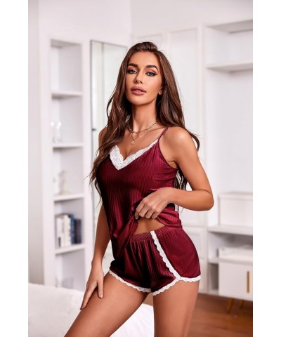 Womens Pajama Sets Soft Lingerie Sleepwear 2 Piece Cami Shorts Set V Neck Pj Lace Nightwear Wine Red $10.89 Sleep & Lounge