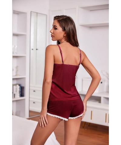 Womens Pajama Sets Soft Lingerie Sleepwear 2 Piece Cami Shorts Set V Neck Pj Lace Nightwear Wine Red $10.89 Sleep & Lounge